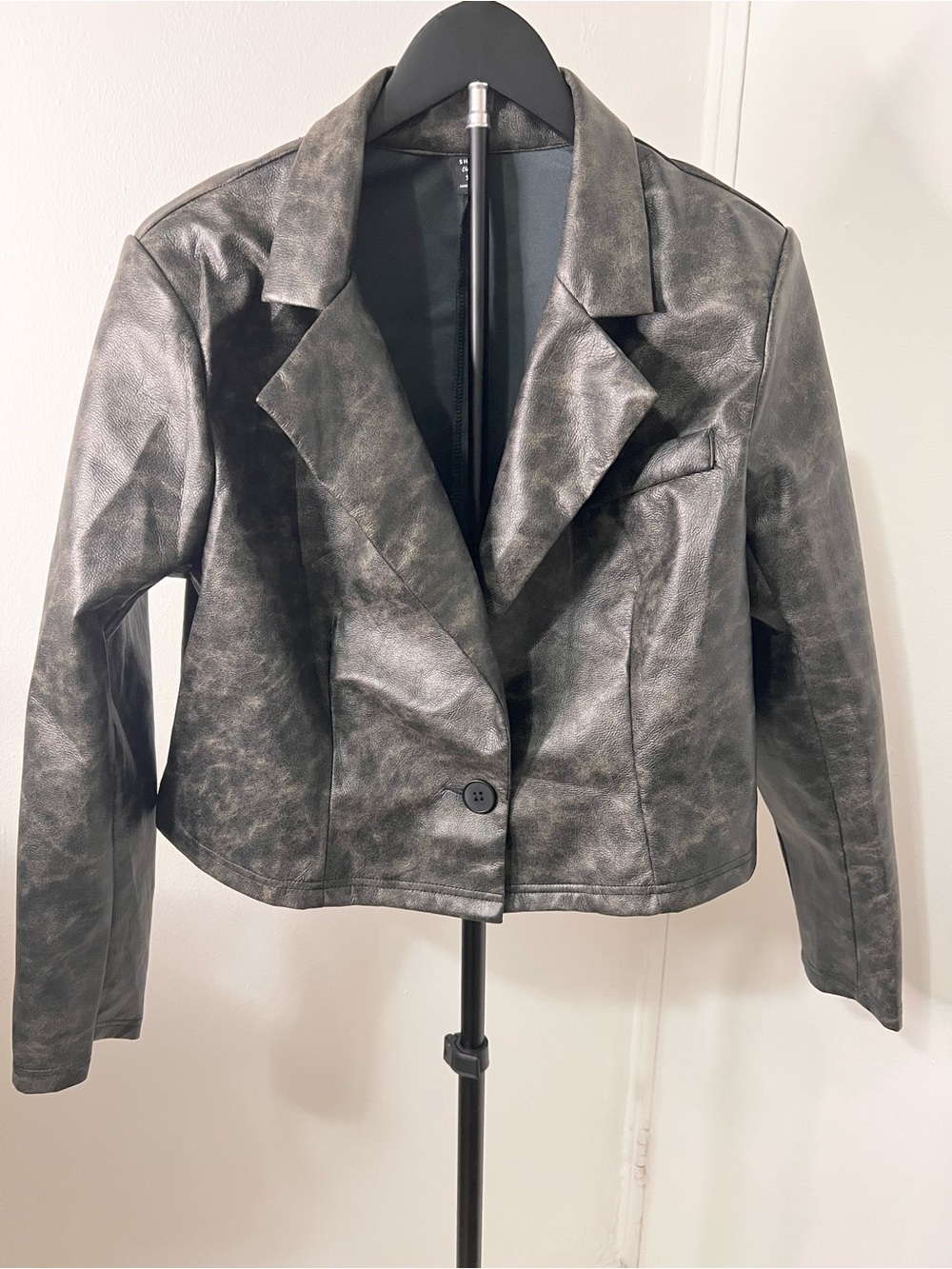 Metallic Gray Faux Leather Cropped Blazer Jacket | Edgy Moto Chic - Picture 3 of 4